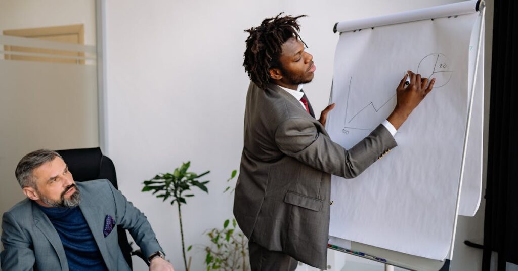 Two businessmen in a meeting analyzing a growth chart on a flip chart.